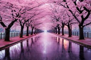 Cherry Blossom-Lined Road. Generative AI photo