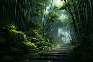 A road through a serene bamboo grove. Generative AI photo