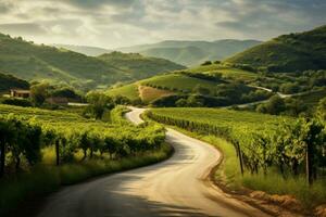 A winding road through a serene vineyard,. Generative AI photo