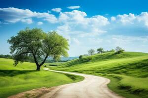 A winding road through a serene countryside. Generative AI photo