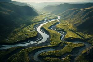 serpenteante río en valle. generativo ai foto