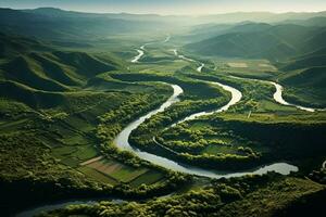 Meandering River in Fertile Valley. Generative AI photo