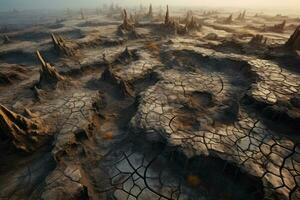 An aerial view of a barren wasteland. Generative AI photo