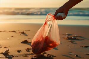 Hand Removing Plastic Bag from Sandy Beach. Generative AI photo