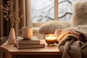 Cozy Living Room with Winter Decor and Tea. Generative AI photo