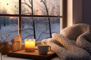 Cozy Winter Scene with Blanket and Cocoa. Generative AI photo