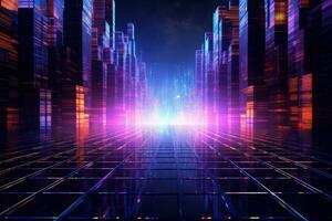 Neon Grid in Digital High-Tech World. Generative AI photo