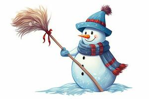 Jolly snowman clip art with a broomstick. Generative AI photo