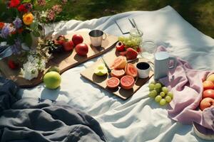 primavera picnic con un frazada, sándwiches generativo ai foto