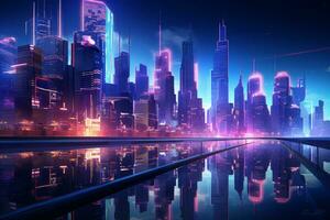 Neon 3D Cityscape with Glowing Signs. Generative AI photo