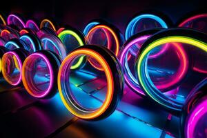 Radiating Neon Circles. Generative AI photo