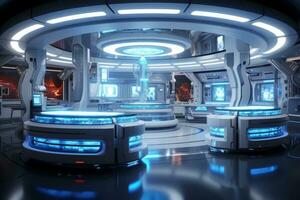 Sci-fi 3D Holographic Laboratory. Generative AI photo