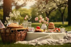 Spring picnic setup mockup with a woven basket, sandwiches. Generative AI photo