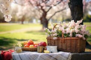 Spring picnic setup mockup with a woven basket, sandwiches. Generative AI photo