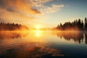 Misty Sunrise Over Lake. Generative AI photo