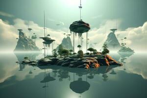 Surreal 3D Floating Islands. Generative AI photo