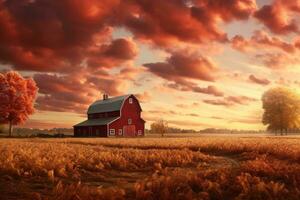 Vibrant fall sky background with a red barn. Generative AI photo