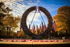 American flag in the foreground during Patriot Day memorial. Generative AI photo