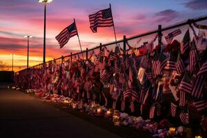 A Patriot Day tribute wall with photos, messages. Generative AI photo