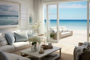 Cozy living room with a breathtaking ocean view. Generative AI photo