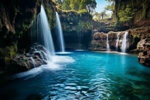 Waterfall Cascading into Clear Blue Pool. Generative AI photo