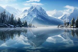 Calm Winter Lake Amid Snowy Peaks. Generative AI photo