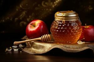 Jar of honey and two apples. Generative AI photo