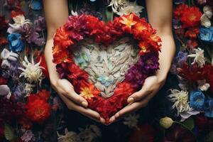 Woman holding a heart made of flowers. Generative AI photo