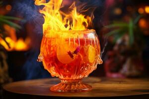 A close up of a rum punch cocktail with a flaming garnish. Generative AI photo