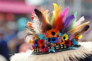 Close up of a colorful hat with feathers. Generative AI photo