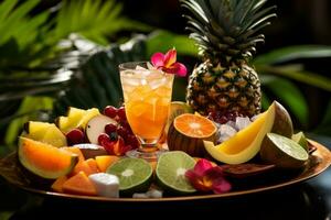 A close up of a tropical fruit platter accompanied by glasses of rum punch. Generative AI photo