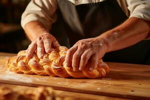 Person kneading dough on a wooden table. Generative AI photo