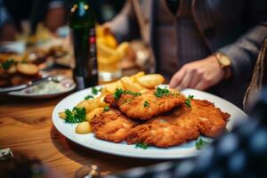 Delicious fried chicken and potato plate. Generative AI photo