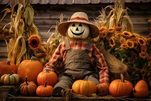 Scarecrow Amidst Pumpkins and Sunflowers. Generative AI photo