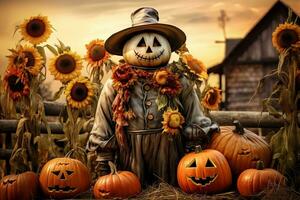 Scarecrow Amidst Pumpkins and Sunflowers. Generative AI photo