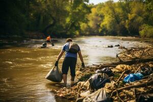 River Cleanup Event Safeguarding Water Quality. Generative AI photo