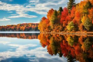 Calm Lake Mirroring Autumn Colors. Generative AI photo