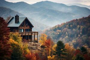 Cabin in Valley Amidst Fall Foliage. Generative AI photo