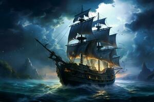 Pirate Ship in Stealthy Night. Generative AI photo