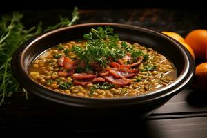 Bacon and lentil soup garnished with fresh herbs. Generative AI photo