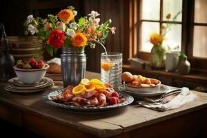 casa de Campo desayuno mesa adornado con tocino y Fresco fruta. generativo ai foto