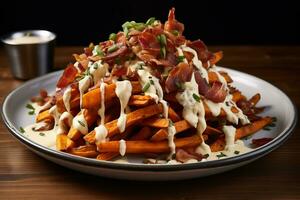 Sweet potato fries with bacon and marshmallow drizzle. Generative AI photo