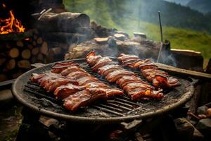 Outdoor barbecue with sizzling bacon on the grill. Generative AI photo