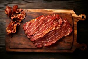 Wooden cutting board with freshly cooked bacon. Generative AI photo