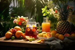 A summer BBQ scene with a pitcher of rum punch surrounded by fresh fruits. Generative AI photo