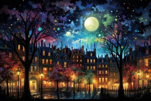 A symphony of vibrant colors and lights lights up the night. Generative AI photo