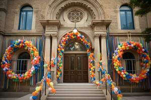 Colorful balloons in front of a building. Generative AI photo