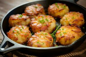 A skillet of bacon wrapped hash brown patties. Generative AI photo