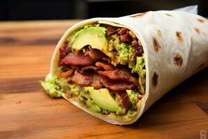 Bacon and avocado breakfast burrito. Generative AI photo