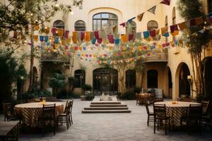 Courtyard with tables and chairs and flags. Generative AI photo
